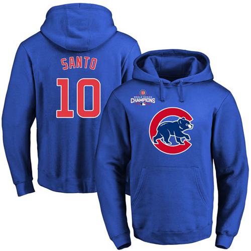 Cubs #10 Ron Santo Blue 2016 World Series Champions Primary Logo Pullover MLB Hoodie